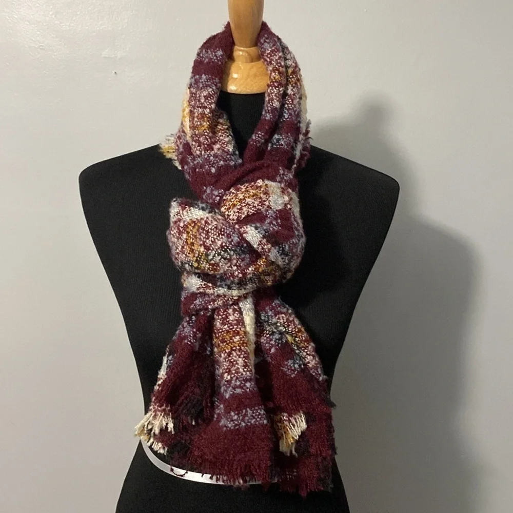 Blanket Scarf Red Wine Cream Denim Blue & Yellow NWT